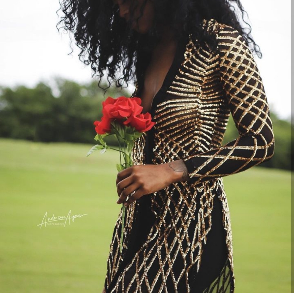 Gold metallic black button down dress